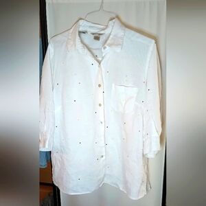 Edward Woman  Irish Linen White Polka Dots Women  Blouse 1X 3/4 Sleeve Shirt Top